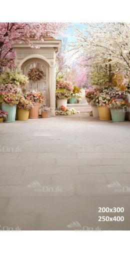 Tło fotograficzne „Wiosenny ogród z altanką i kwiatami” | E840